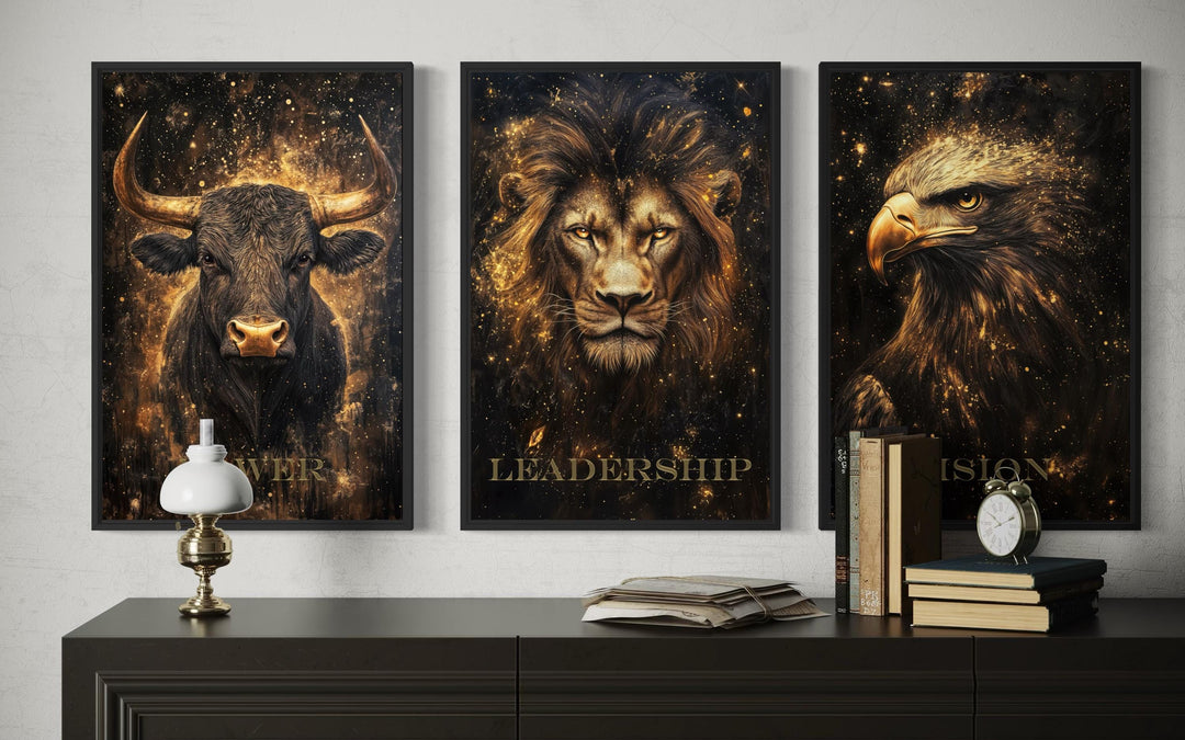 Leadership Wall Art – Motivational Lion Bull Eagle Office Canvas Set for Executive Workspace