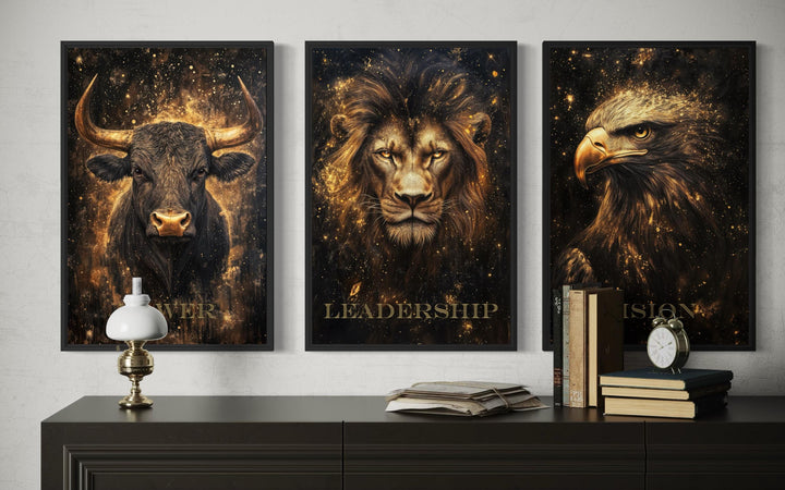 Leadership Wall Art – Motivational Lion Bull Eagle Office Canvas Set for Executive Workspace