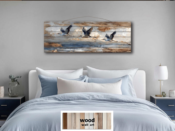Flying Herons Distressed Wall Art on Wood Planks - Rustic Coastal Bird Decor for Beach Houses