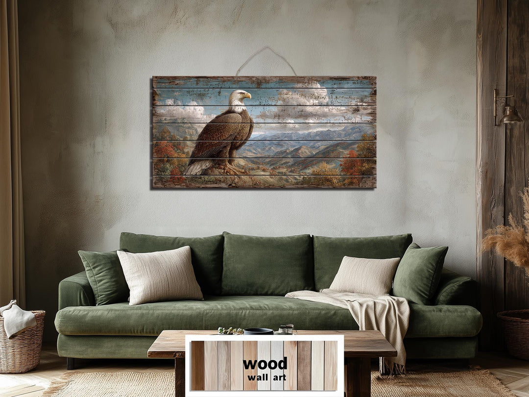 Rustic Bald Eagle Mountain Landscape Distressed Wood Wall Art