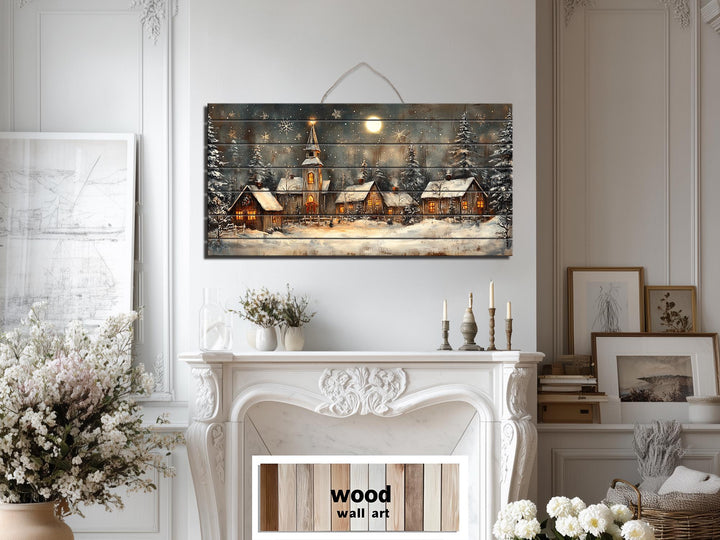 Rustic Christmas Snowy Village Distressed Wood Wall Art