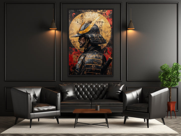 Modern Samurai Portrait With Full Moon Framed Canvas Wall Art in a living room with a leather couch