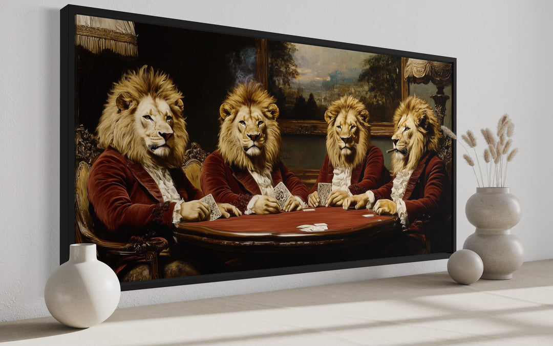 Lions In Suits Playing Poker Smoking Cigars Man Cave Framed Canvas Wall Art side view