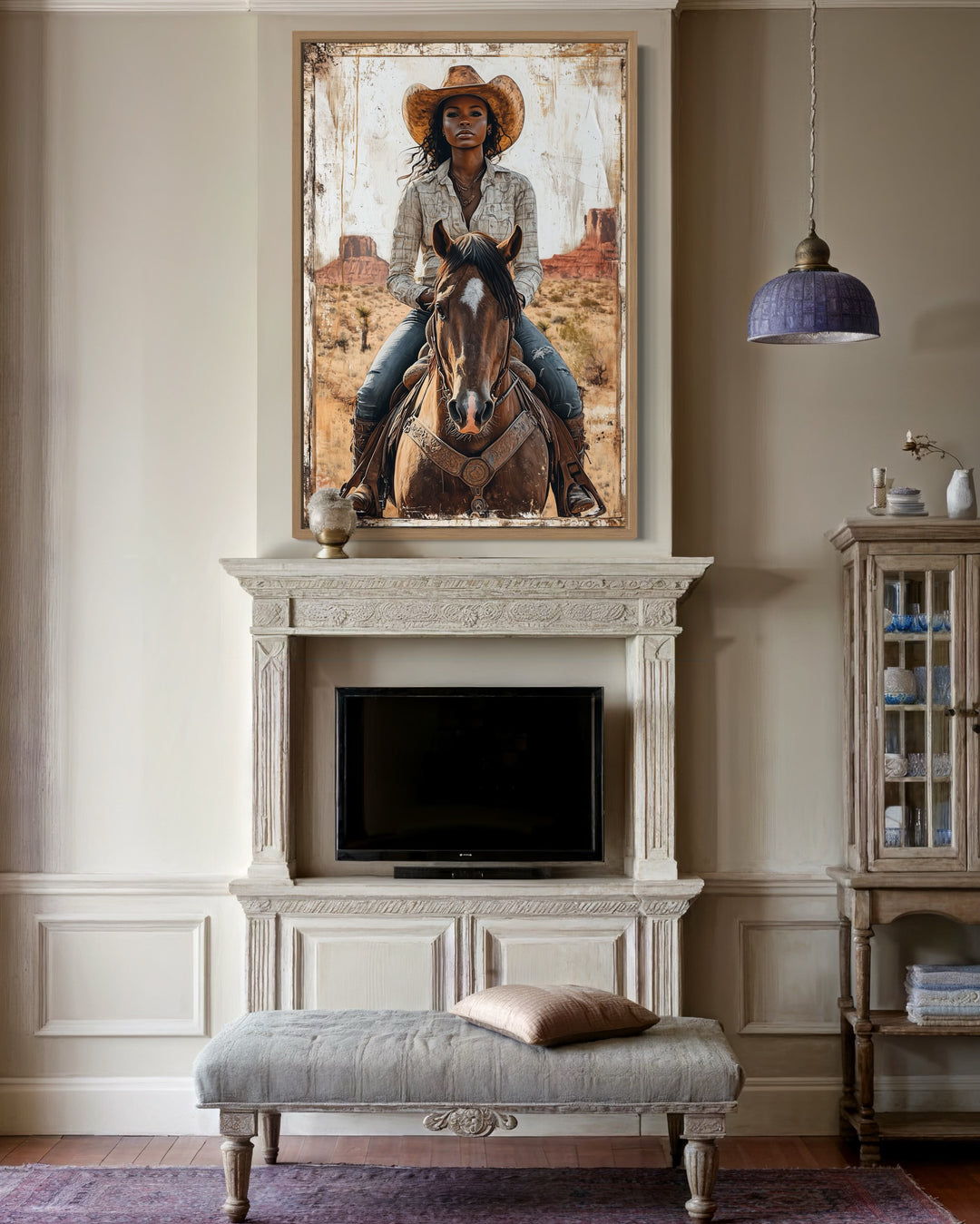 Black Girl Riding A Horse Framed Canvas Wall Art above fireplace