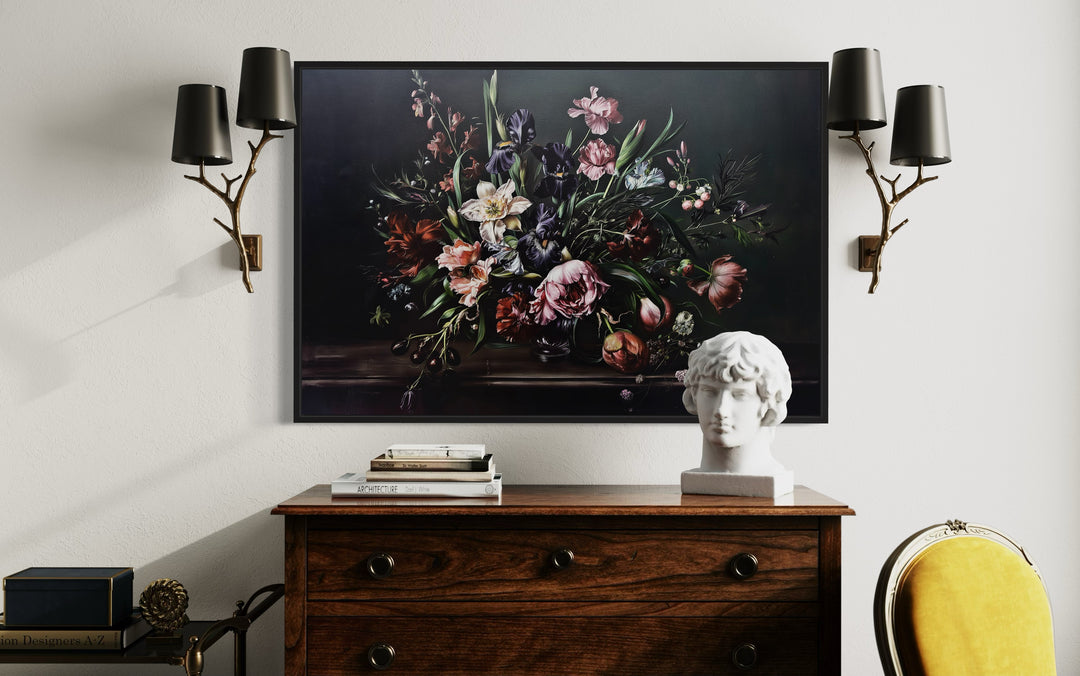 Dark Academia Moody Vintage Flowers Framed Canvas Wall Art on a dresser