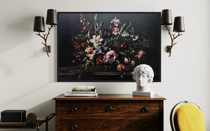 Dark Academia Moody Vintage Flowers Framed Canvas Wall Art on a dresser