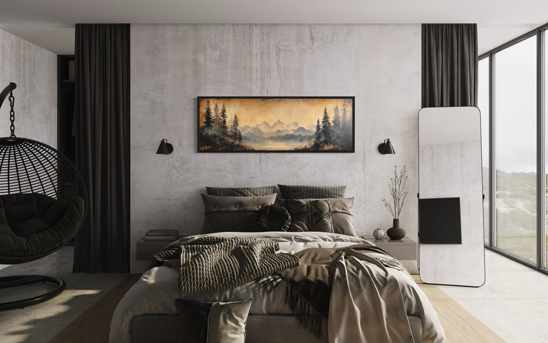 Moody Orange Mountain Lake Landscape Long Horizontal Above Bed Framed Canvas Wall Art in luxury bedroom