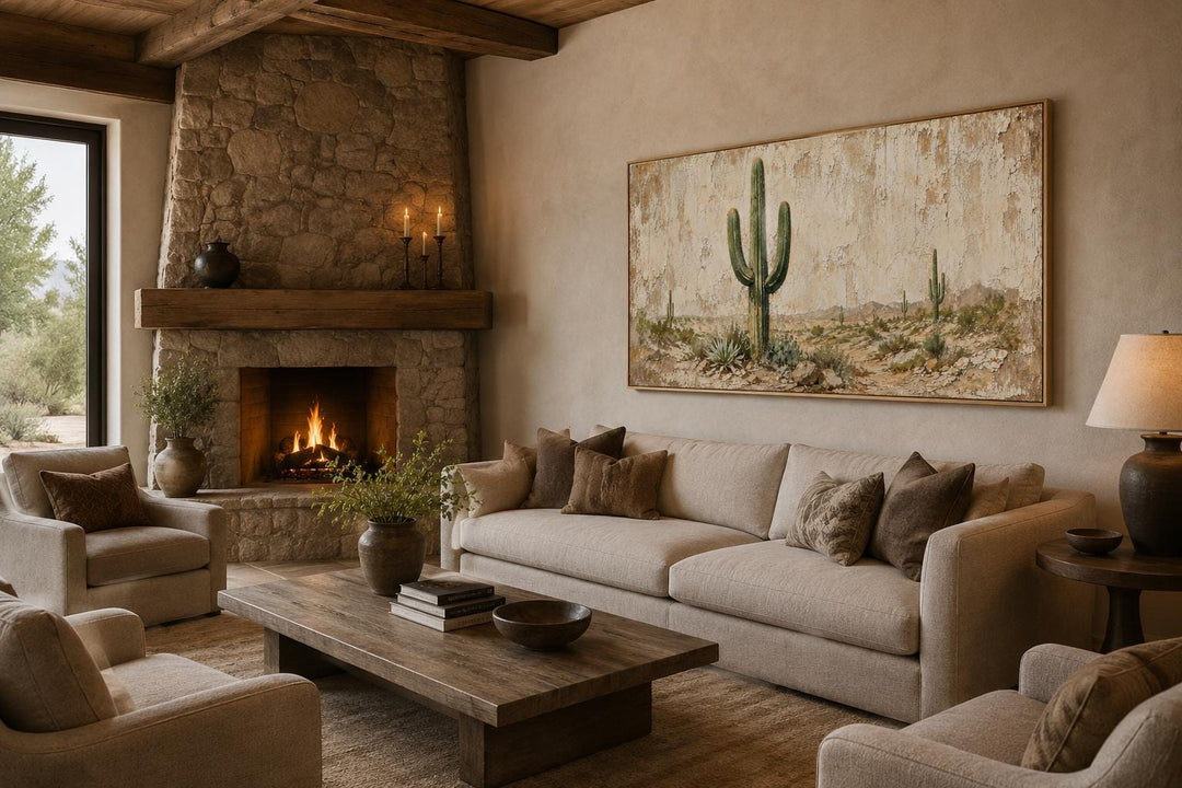 Minimalist saguaro cactus canvas wall art on a weathered wood-look background in a neutral room.