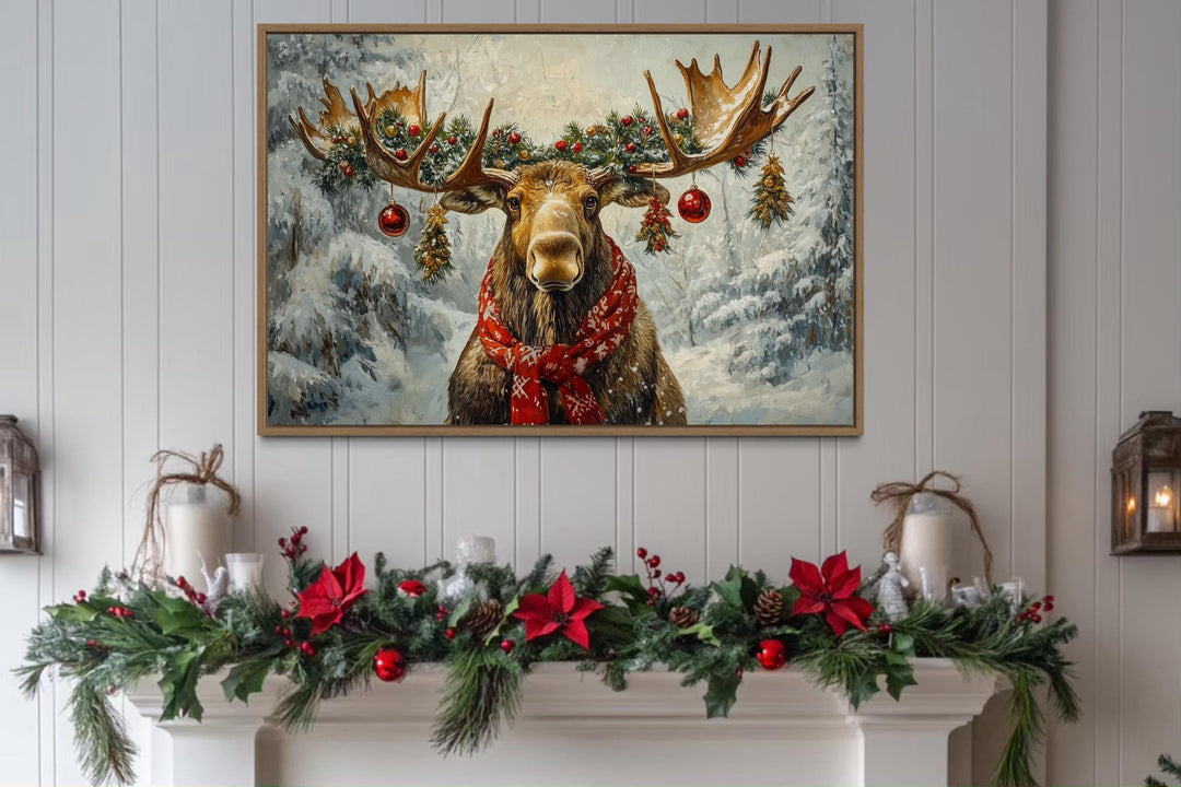 Christmas Moose With Red Scarf And Ornaments Canvas Wall Art