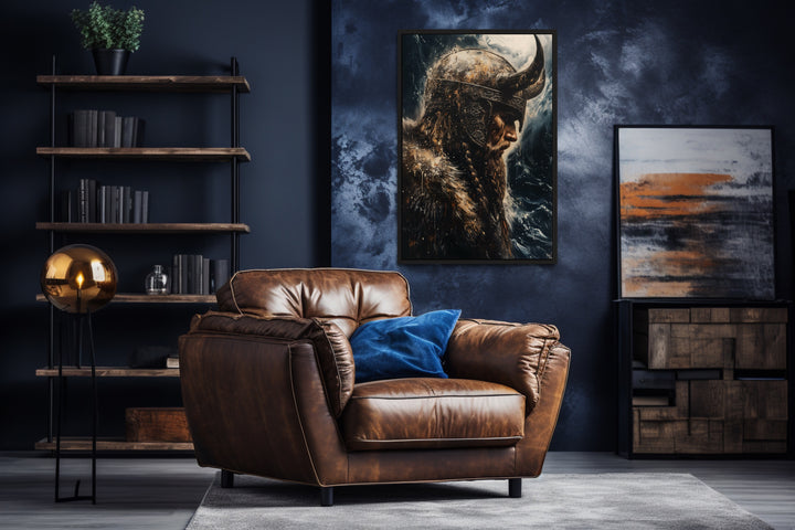 Viking On Ocean Background Framed Canvas Wall Art in a living room with a chair