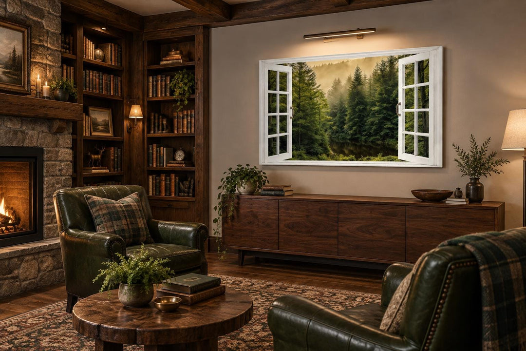 Fake window wall art showing a foggy pine forest with a white frame in a rustic living room.