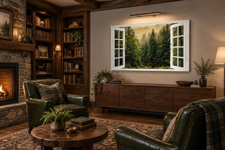 Fake window wall art showing a foggy pine forest with a white frame in a rustic living room.