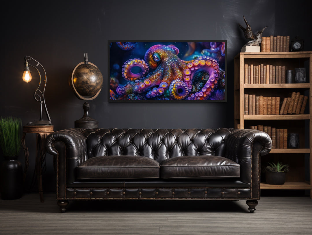 Trippy Octopus Framed Canvas Wall Art in man cave