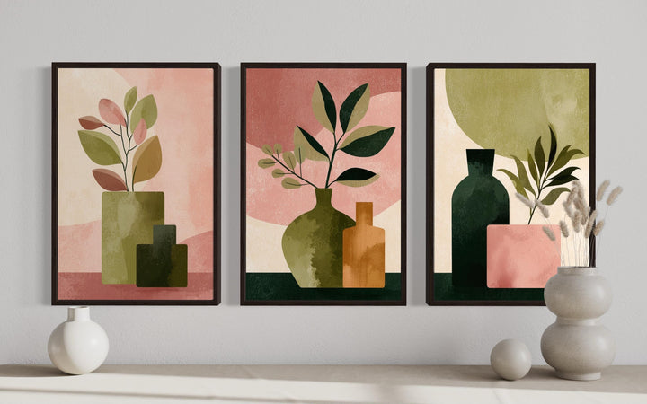Set of 3 Framed Minimalist Botanical Blush Pink and Olive Green Vases With Leaves Wall Art