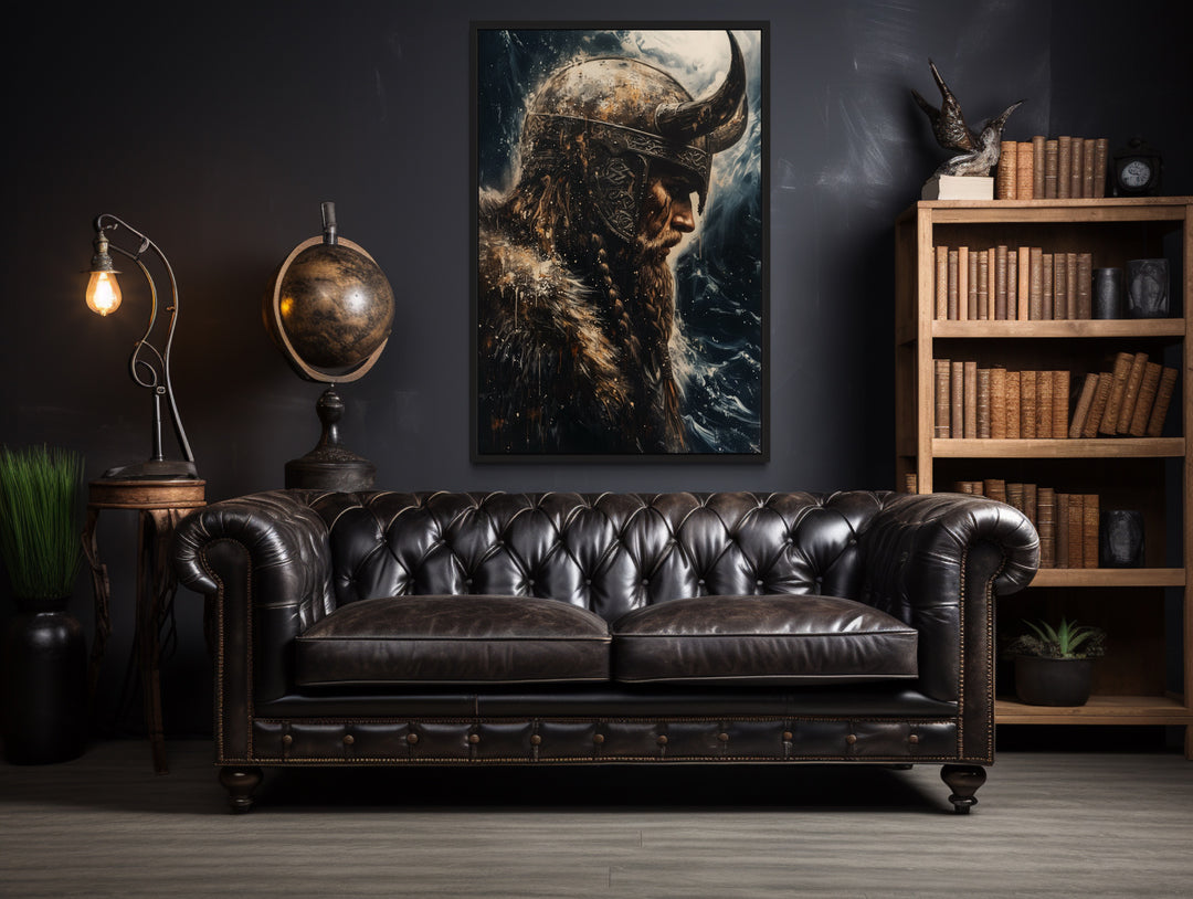 Viking On Ocean Background Framed Canvas Wall Art in a man cave