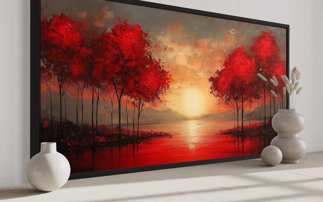 Red Trees At Sunrise Framed Canvas Wall Art For Red Walls side view