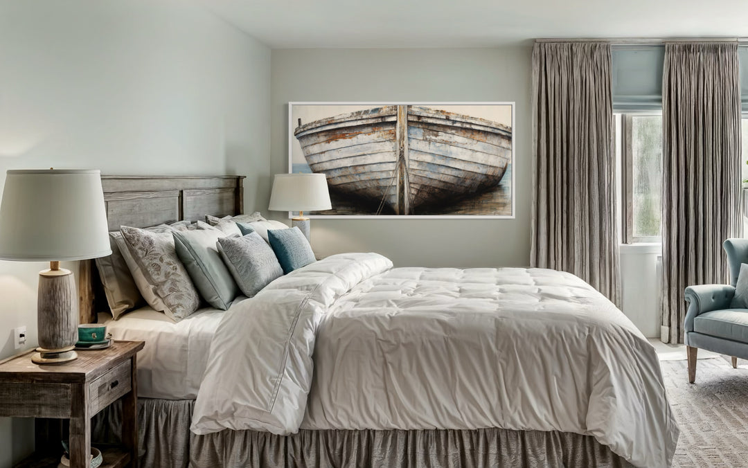 White Brown Rustic Old Boat Close Up Framed Canvas Wall Art in bedroom