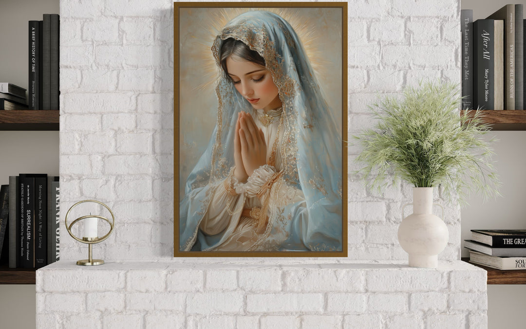 Virgin Mary Praying Framed Christian Canvas Wall Art on brick wall