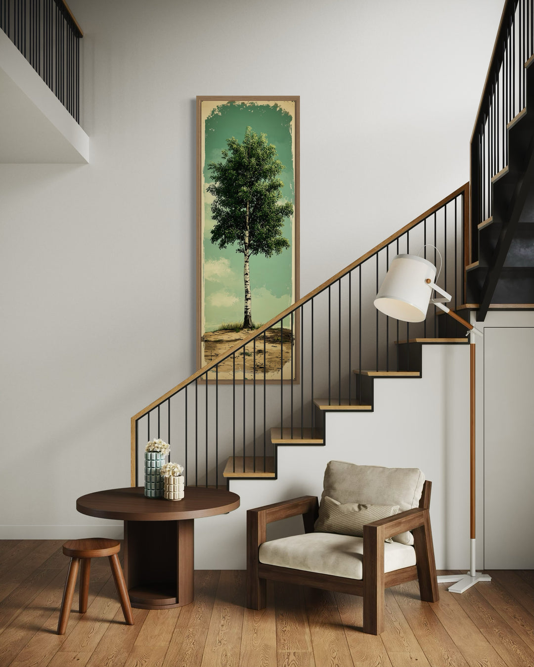 Vertical Long Narrow Rustic Birch Tree Framed Canvas Wall Art near stairs