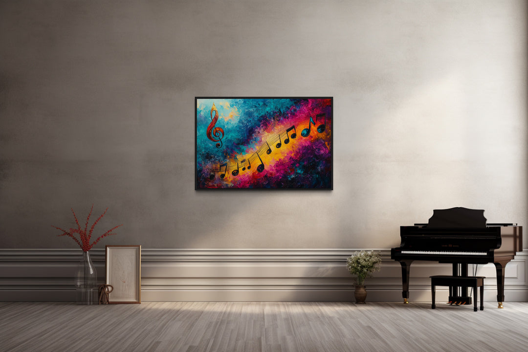 Trippy Colorful Music Notes Abstract Paining Framed Canvas Wall Art in music room