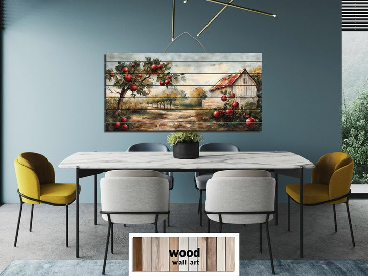 Rustic Apple Orchard With Barn Distressed Wood Dining Room Wall Art