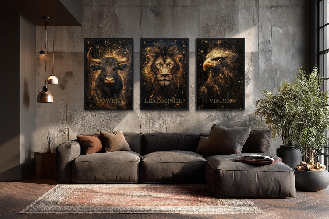 Leadership Wall Art – Motivational Lion Bull Eagle Office Canvas Set for Executive Workspace