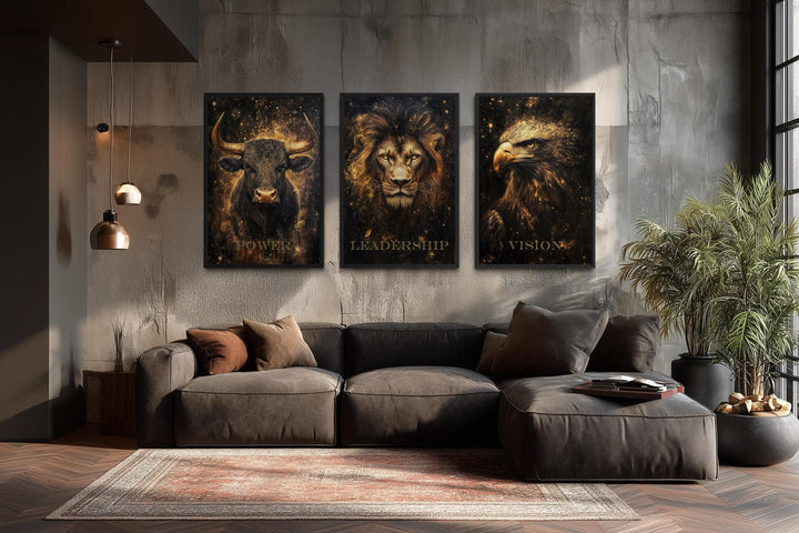 Leadership Wall Art – Motivational Lion Bull Eagle Office Canvas Set for Executive Workspace