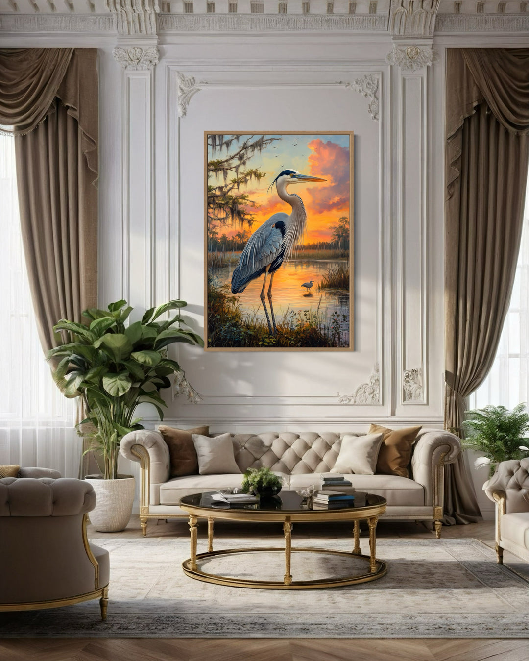 Blue Heron at Sunset Marshland Framed Canvas Wall Art