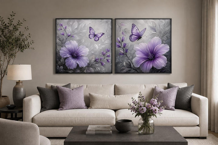 Set of 2 purple hibiscus and butterfly wall art panels on a moody gray floral background.