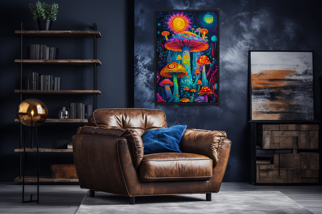 Trippy Mushrooms Framed Canvas Wall Art in a living room with a leather chair