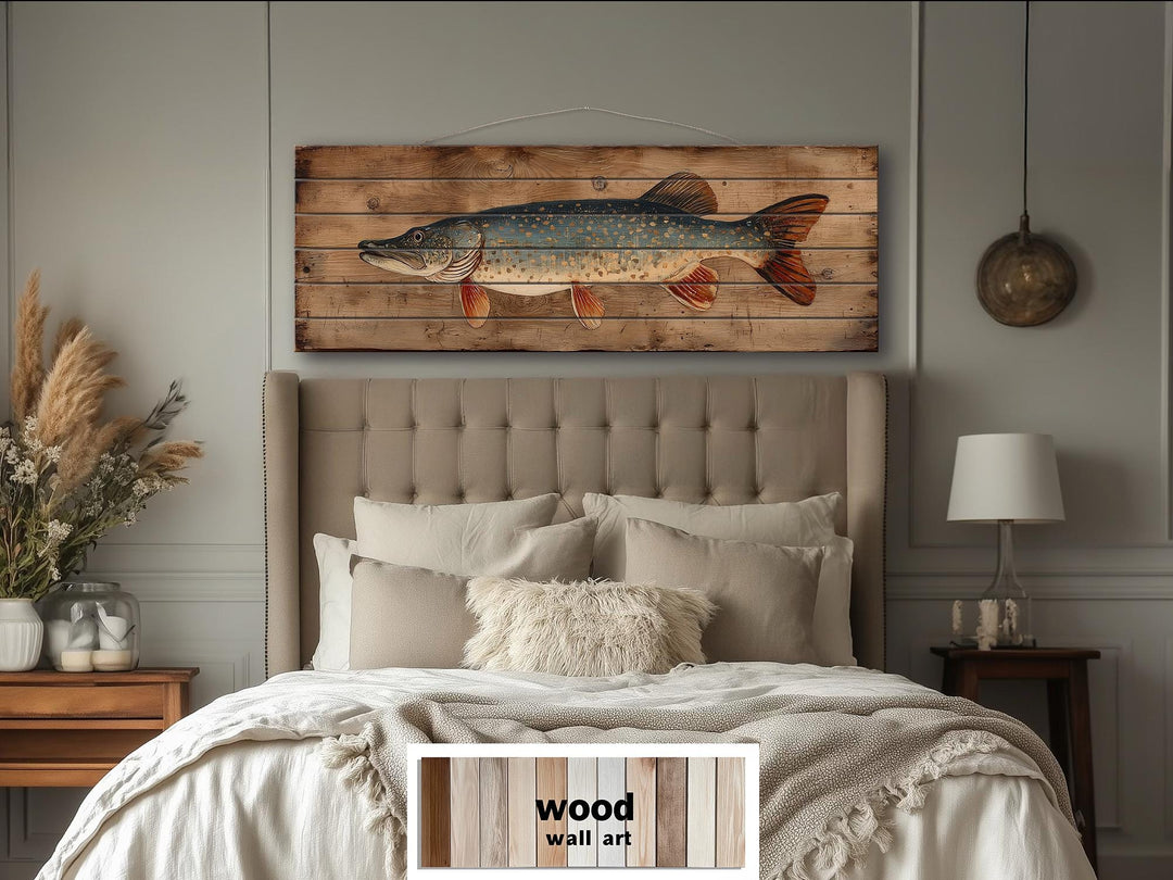 Northern Pike Distressed Wood Wall Art, Rustic Fishing Cabin Print On Wood Planks, Long Horizontal Lakehouse Angler Wall Decor