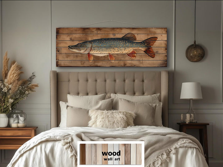 Northern Pike Distressed Wood Wall Art, Rustic Fishing Cabin Print On Wood Planks, Long Horizontal Lakehouse Angler Wall Decor