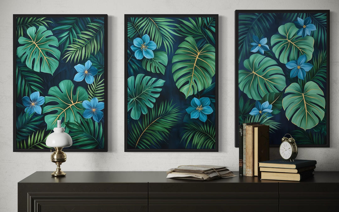 Rainforest Canvas Wall Art – Set of 3 Tropical Botanical Prints | Green Gold Blue