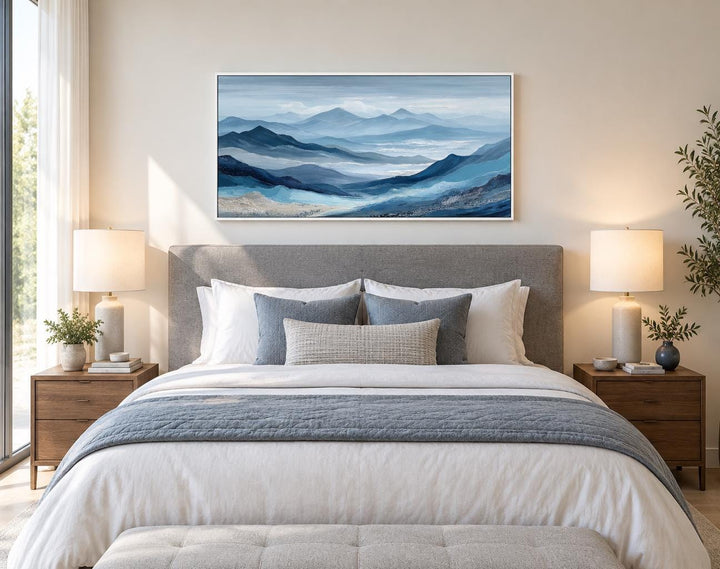 Blue Mountain Serene Nature Landscape Canvas Wall Art hanging above a bed in a modern bedroom.