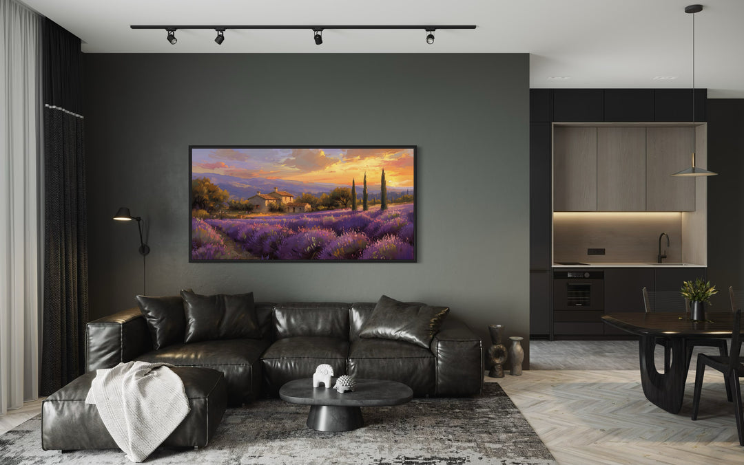 Lavender Fields of Provence At Sunset French Landscape Framed Canvas Wall Art in living room