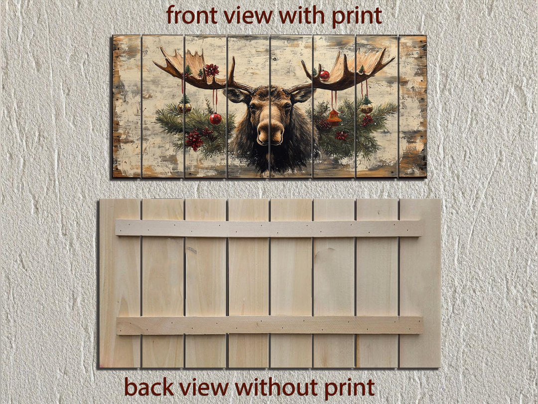 Rustic Christmas Moose With Ornaments Distressed Wood Wall Art