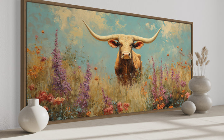 Longhorn in Wildflower Field Rustic Farmhouse Canvas Wall Art side view