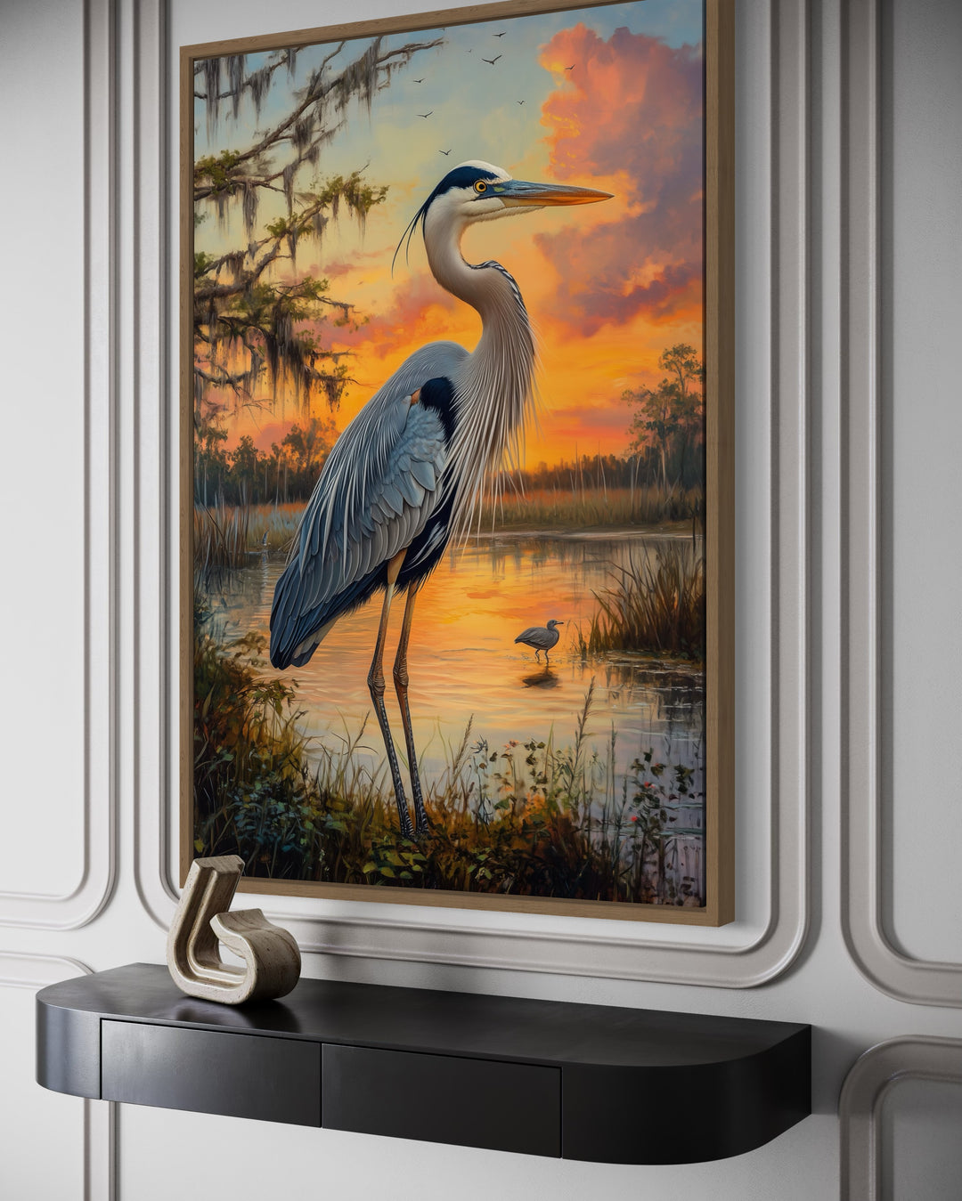 Blue Heron at Sunset Marshland Framed Canvas Wall Art side view