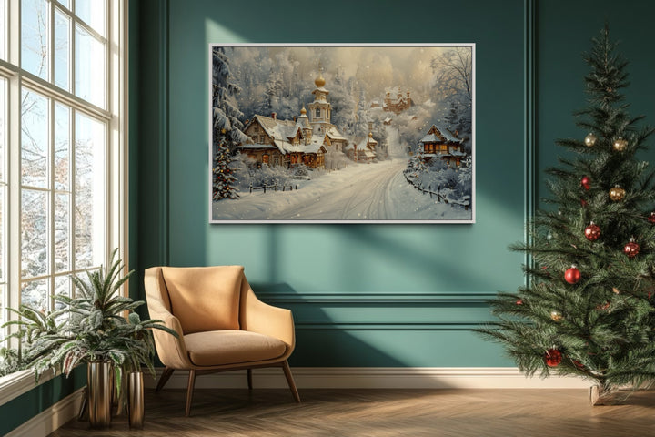 Christmas In Snowy Winter Village Framed Canvas Wall Art in christmas room