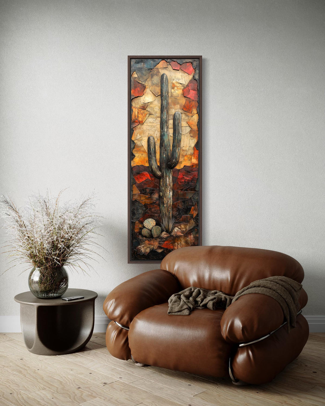 Vertical tall narrow saguaro cactus wall art in a modern living room setting.