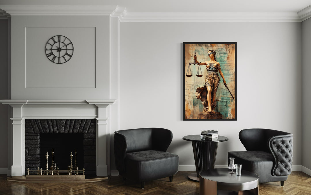 Lady Justice With Scales And Sword Framed Canvas Wall Decor in lawyer's office