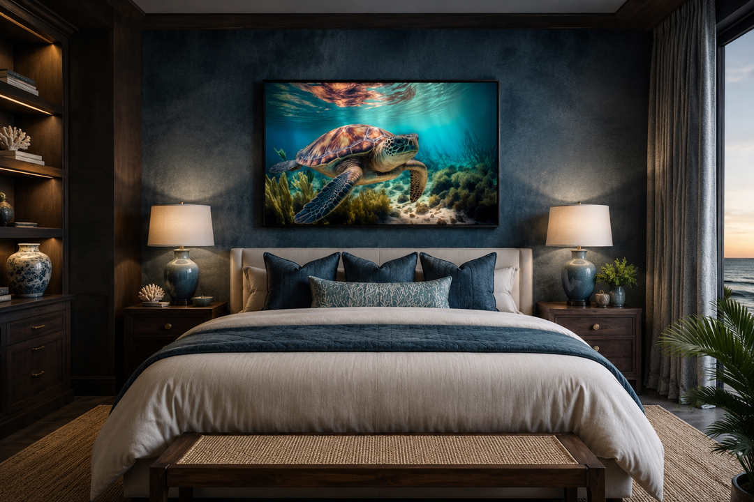 Sea turtle swimming over a coral reef in a framed underwater canvas wall art above a bed.