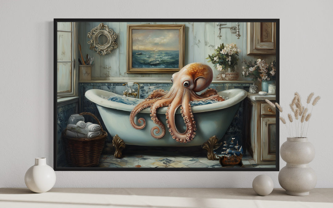 a painting of an octopus in a bathtub