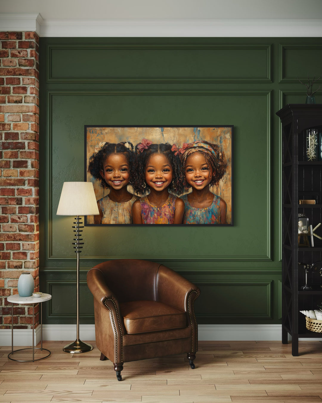 Three Happy Black Girls Smiling Framed Canvas Wall Art in a living room with a chair