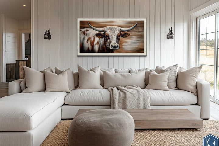 Rustic Longhorn Bull Wall Art With Barnwood Driftwood Frame For Farmhouse Decor