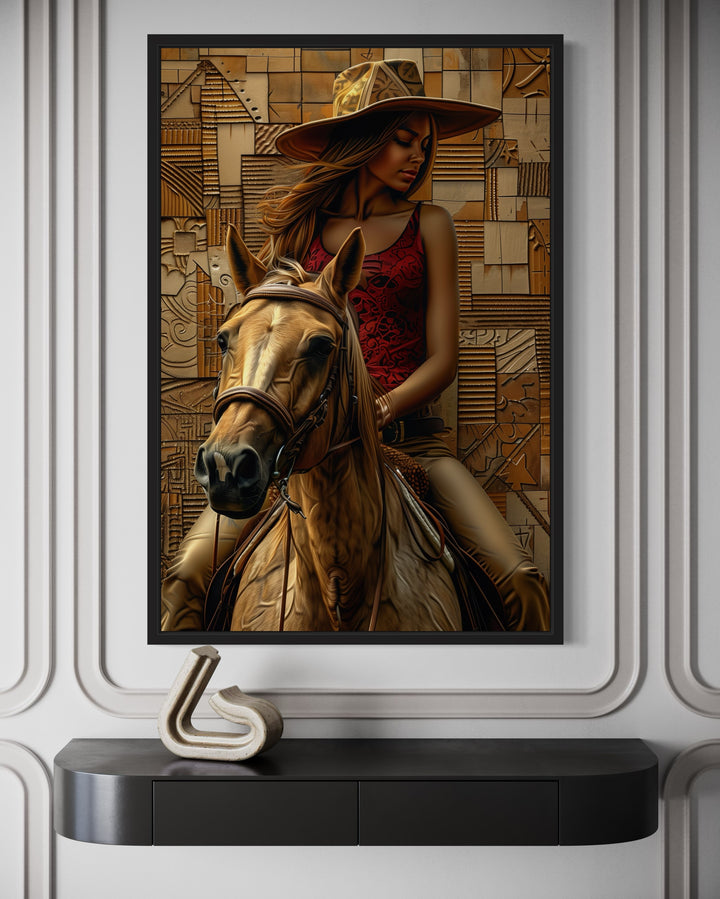 Black Cowgirl on Horse Framed Canvas Wall Art close up