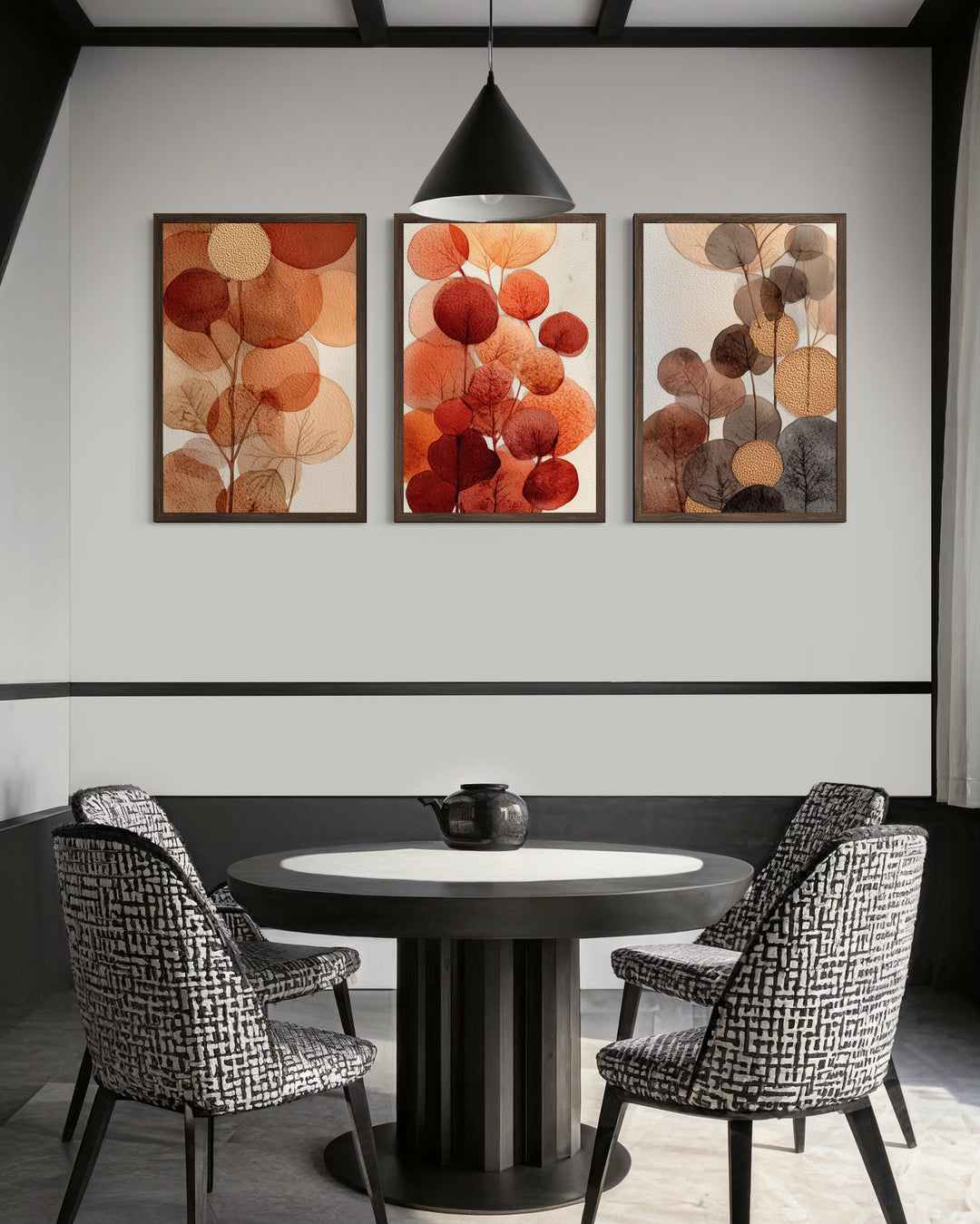 Abstract Botanical Wall Art Set of 3 – Warm Autumn Tones Canvas Prints, Burnt Orange and Beige Leave