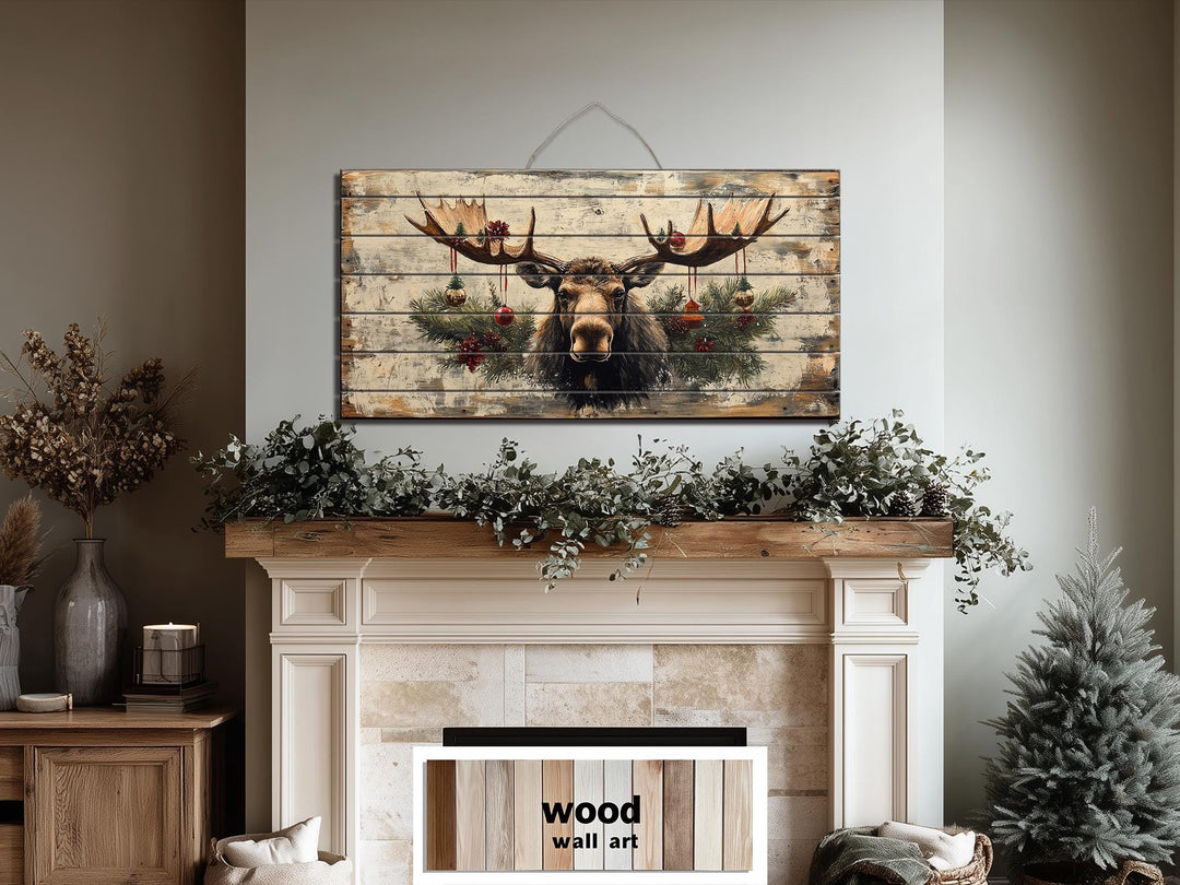 Rustic Christmas Moose With Ornaments Distressed Wood Wall Art
