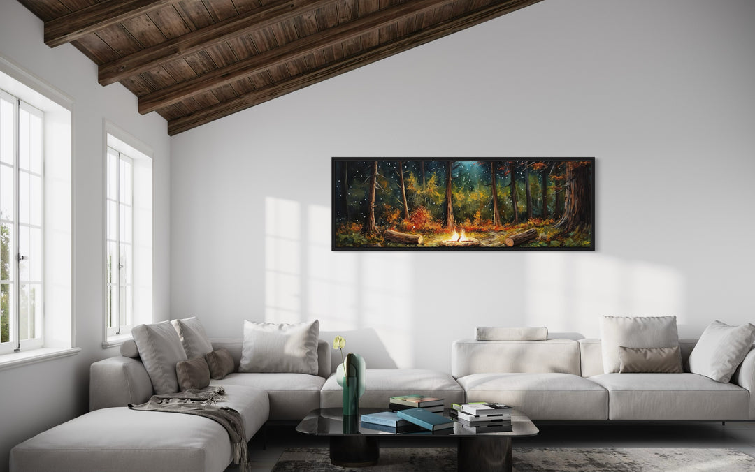 Forest Campfire Cozy Cabin Above Fireplace Mantel Wall Art in a living room filled with furniture