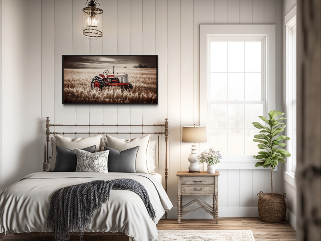 Red Tractor In The Wheat Field Rustic Farmhouse Wall Decor above rustic bed